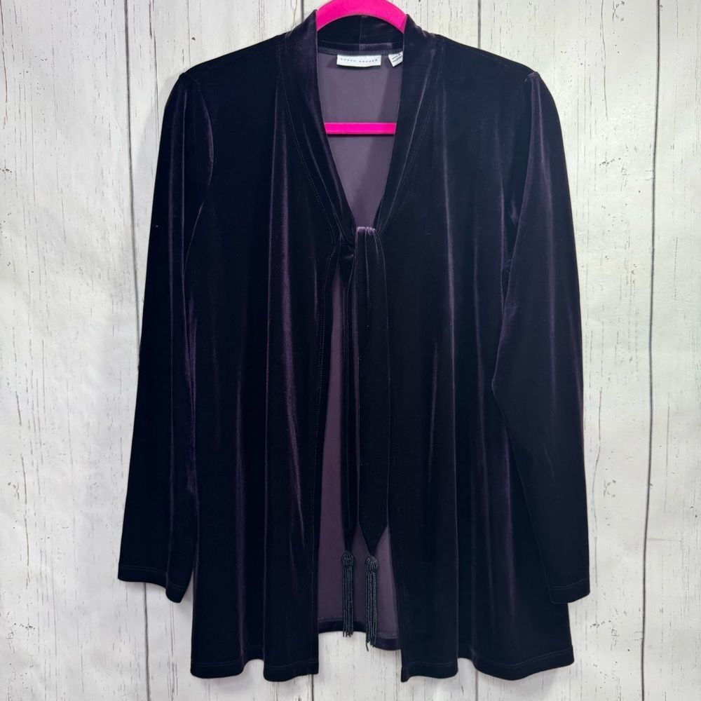 Susan Graver Purple Velvet Open Front Jacket Tassel Tie Detail Size S Evening